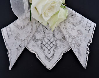 Beautiful Vintage hand embroidered open white  work linen lawn handkerchief ~ Wedding gift