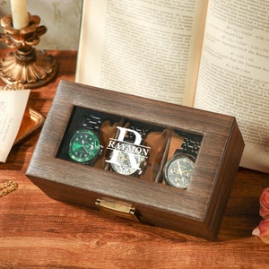 Gepersonaliseerde horloge-opbergdoos, bruine PU-lederen horlogedoos voor horloges met 3 slots, horlogedoos met naam, aangepaste horlogedoos voor mannen, kerstcadeau