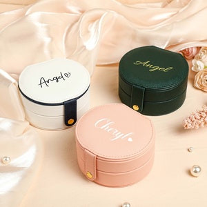 Elegante portagioie in pelle a doppio strato, portagioie da viaggio personalizzato con specchio, portagioie da viaggio per donna, regalo organizzatore di gioielli rotondo