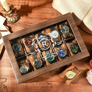 Aangepaste reishorlogekast, gepersonaliseerde horlogedoos voor heren, horlogedoos met naam, bruine PU-lederen horlogedoos voor horloges met 10 slots, kerstcadeau