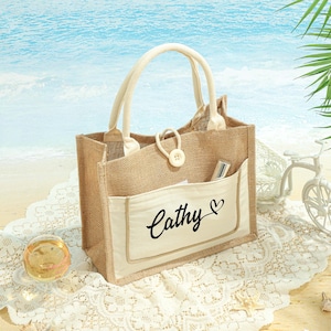 Personalisierte Strandtasche, Brautjungfer Tasche mit Namen, Benutzerdefinierte Jute-Einkaufstasche, Junggesellinnenabschied Taschen, Hochzeit Tragetasche, Monogramm Reisetasche