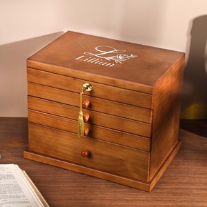 Houten sieradendoos, grote sieradenopberger met lades, sieradenhouder voor kettingringopslag, gegraveerde sieradendoos, kerstcadeau