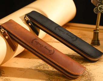 Customized Leather Zipper Pen Case, Personalized Leather Pen Pouch, Leather Pen Holder, Fountain Pen Case, Pocket Pencil Case, Quality Gifts