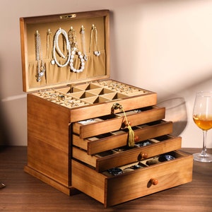 Schmuckschatulle aus Holz, große Schmuckschatulle mit Schubladen, Schmuckhalter für Halskettenringaufbewahrung, Schmuckschatulle mit Gravur, Weihnachtsgeschenk