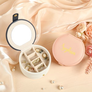 Organizador de joyas redondo de regalo, elegante estuche de cuero de doble capa, caja de joyería de viaje personalizada con espejo, caja de joyería de viaje para mujer