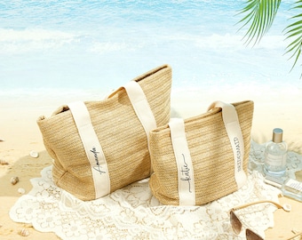 Gepersonaliseerde strotas strandtas, aangepaste jute draagtas, draagtas bruidsmeisje, reistas bruidsmeisje aanzoek meisjes, vrijgezellenfeesttassen