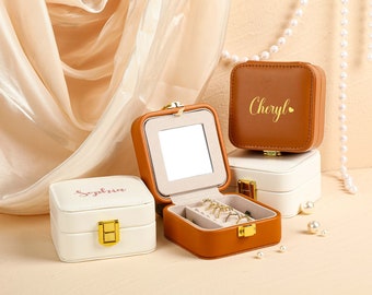 Boîte à bijoux personnalisée, étui de voyage à bijoux, boîte à bijoux en cuir personnalisée avec miroir, cadeau de demoiselle d'honneur et d'anniversaire, cadeau pour elle