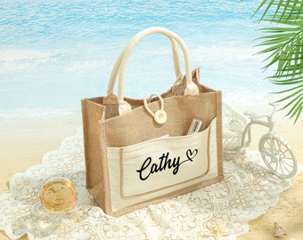 Personalized Beach Bag, Bridesmaid Bag With Name, Custom Burlap Tote Bag, Bachelorette Party Bags, Wedding Tote Bag, Monogram Travel Bag