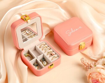 Custom Name Travel Jewellery Box, Personalized Leather Jewelry Box With Mirror, Jewelry Organizer, Bridesmaid and Birthday Gift,Gift For Her