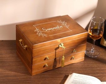 Personalized Wooden Jewelry Box, Large Jewelry Organizer with Drawers, Jewelry Holder for Necklace Ring Storage, Engraved Jewelry Box, gifts