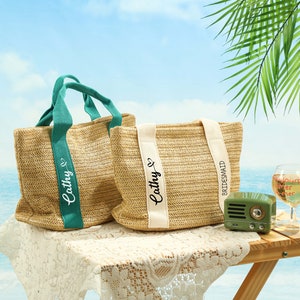 Benutzerdefinierte Jute-Einkaufstasche, personalisierte Strohtasche Strandtasche, Brautjungfer Tote, Brautjungfer Vorschlag Mädchen Reisetasche, Junggesellinnenabschied Taschen