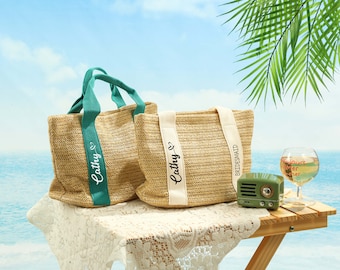 Aangepaste jute draagtas, gepersonaliseerde strotas strandtas, draagtas bruidsmeisje, reistas bruidsmeisje voorstel meisjes, vrijgezellenfeesttassen