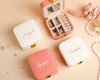Personalized Leather Jewelry Box With Mirror, Custom Name Travel Jewellery Box, Jewelry Organizer, Bridesmaid and Birthday Gift,Gift For Her