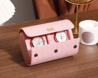 Personalised Weave Pattern Leather Watch Roll, Women Watch Case, Travel Watch Box, Watch Case for 3 Watches, Gift For Her, Mother's Day Gift