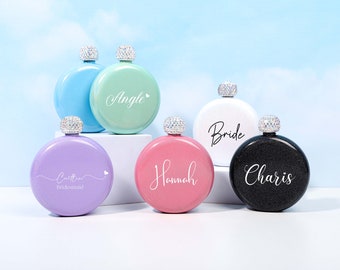 Personalised Bridesmaid Stainless Steel Flask, Customized Round Flask With Rhinestones Lid, Women's Flask, Wedding Party Gifts, Gift for Her