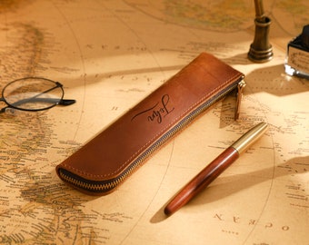 Leather Pen Holder, Personalized Leather Pen Pouch, Customized Leather Zipper Pen Case, Fountain Pen Case, Pocket Pencil Case, Quality Gifts