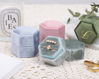 12 Colors Personalized Hexagon Velvet Ring Box, Monogram Ring Box, Double Slot Ring Box, Engagement Ring Holder, Wedding Proposal Ring Box