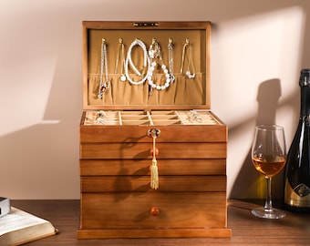 Schmuckschatulle mit Gravur, Schmuckschatulle aus Holz, großer Schmuckhalter mit Schubladen, Schmuckhalter für Halsketten, Ringaufbewahrung, Weihnachtsgeschenk