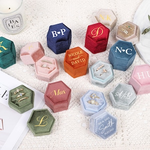 Boîte à alliances personnalisée, Boîte à bagues hexagonale personnalisée en velours 12 couleurs, Boîte à bagues monogramme, Boîte à bagues à double fente, Porte bague de fiançailles