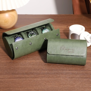 Scatola porta orologi in pelle verde vintage, porta orologi da sposo inciso, porta orologi da viaggio personalizzato, regalo per papà, regalo per la festa del papà