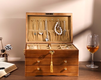 Jewelry Holder for Necklace Ring Storage, Personalized Wooden Jewelry Box, Large Jewelry Organizer with Drawers, Engraved Jewelry Box, gifts