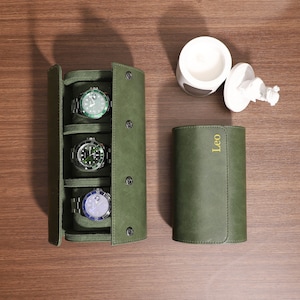 Rotolo porta orologi verde militare, custodia per orologi in pelle PU personalizzata per uomo, scatola porta orologi da viaggio, custodia per orologi per 3 orologi, custodia per orologi, regalo per lui, regalo per lo sposo