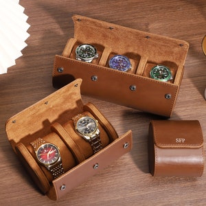 Gepersonaliseerde lederen horlogekast, retro bruin lederen horlogerol, aangepaste horlogedoos reizen, cadeaus bruidsjonkers, cadeau voor papa, Vaderdagcadeau