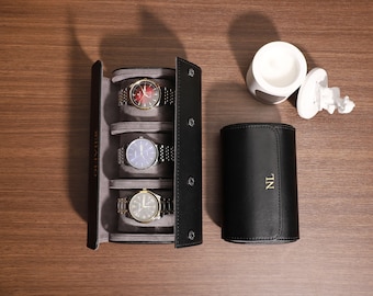 Custom Travel Watch Box, Luxury Black Leather Watch Roll, Personalized Leather Watch Case, Groomsmen Gifts, Gift for Dad, Father's Day Gift