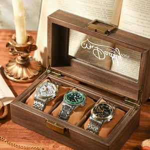 Bruine PU-lederen horlogedoos voor horloges met 3 slots, horlogedoos met naam, aangepaste horlogedoos voor heren, opbergdoos voor horloges, vadercadeau, kerstcadeau