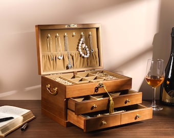 Large Jewelry Organizer with Drawers, Personalized Wooden Jewelry Box, Jewelry Holder for Necklace Ring Storage, Engraved Jewelry Box, gifts