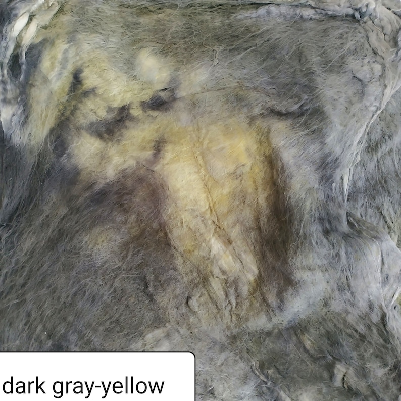 May include: A close-up of a dark gray-yellow fabric with a textured, fuzzy surface.