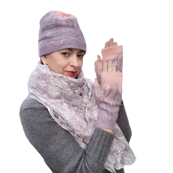 Écharpe violette pour femme, ensemble bonnet et écharpe, écharpe femme, écharpe violette, écharpe feutrée en laine, écharpe de créateur, écharpe en laine femme, chapeau feutré femme