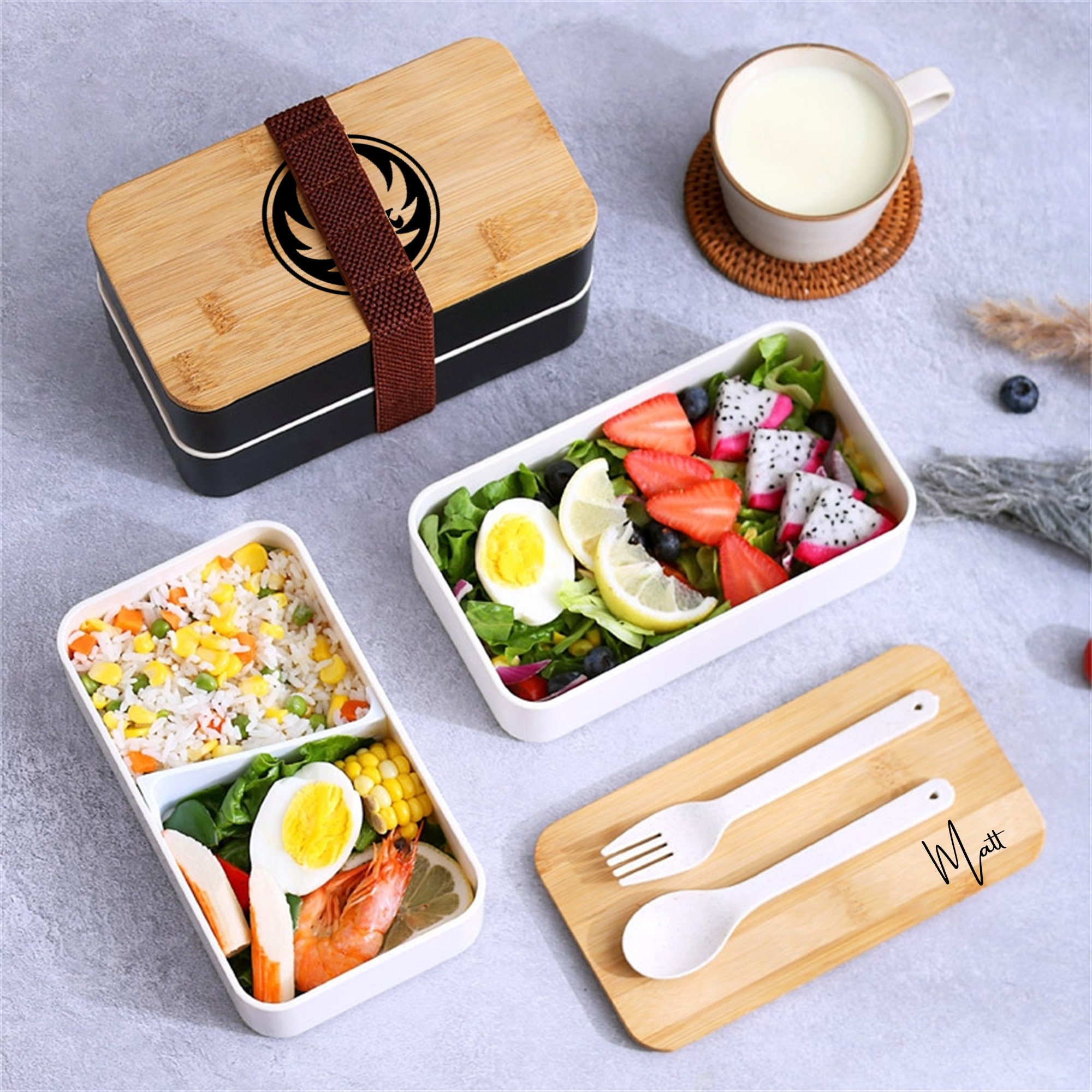 Frogs and Mushrooms Bento Lunch Box Stackable Snack Box With Silicone  Utensils and Wood Tray Dividers and Securing Strap Included 
