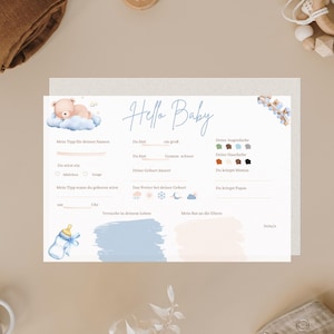 Babyparty Tippkarten "Baby Bär"-Teddy Design Blau, Wunschkarten, Ausfüllkarten, Schwangerschaft Geschenk, Babyshower Karten