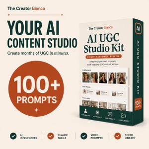 KI-Influencer-Kit – 2 konsistente KI-Charaktere + 100 UGC-Vorgaben | Anonyme Inhalte, Produktfotos, Veo-Videos | Claude-Fähigkeiten + Leitfaden