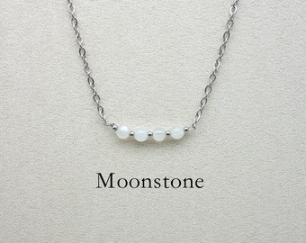 Dainty natural Moonstone gemstone bead bar Necklace Stainless Steel Handmade