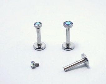 16G Rainbow Gem Internally Threaded Silver Round Flat back stud Conch Cartilage Helix Tragus stud Labret Piercing