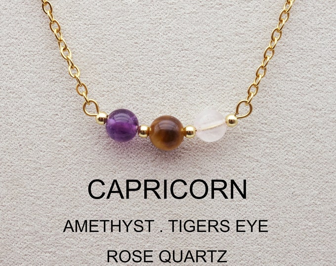 Natural CAPRICORN Crystal Gemstone bar Pendant Necklace Choker Stainless Steel Handmade Zodiac birthstone