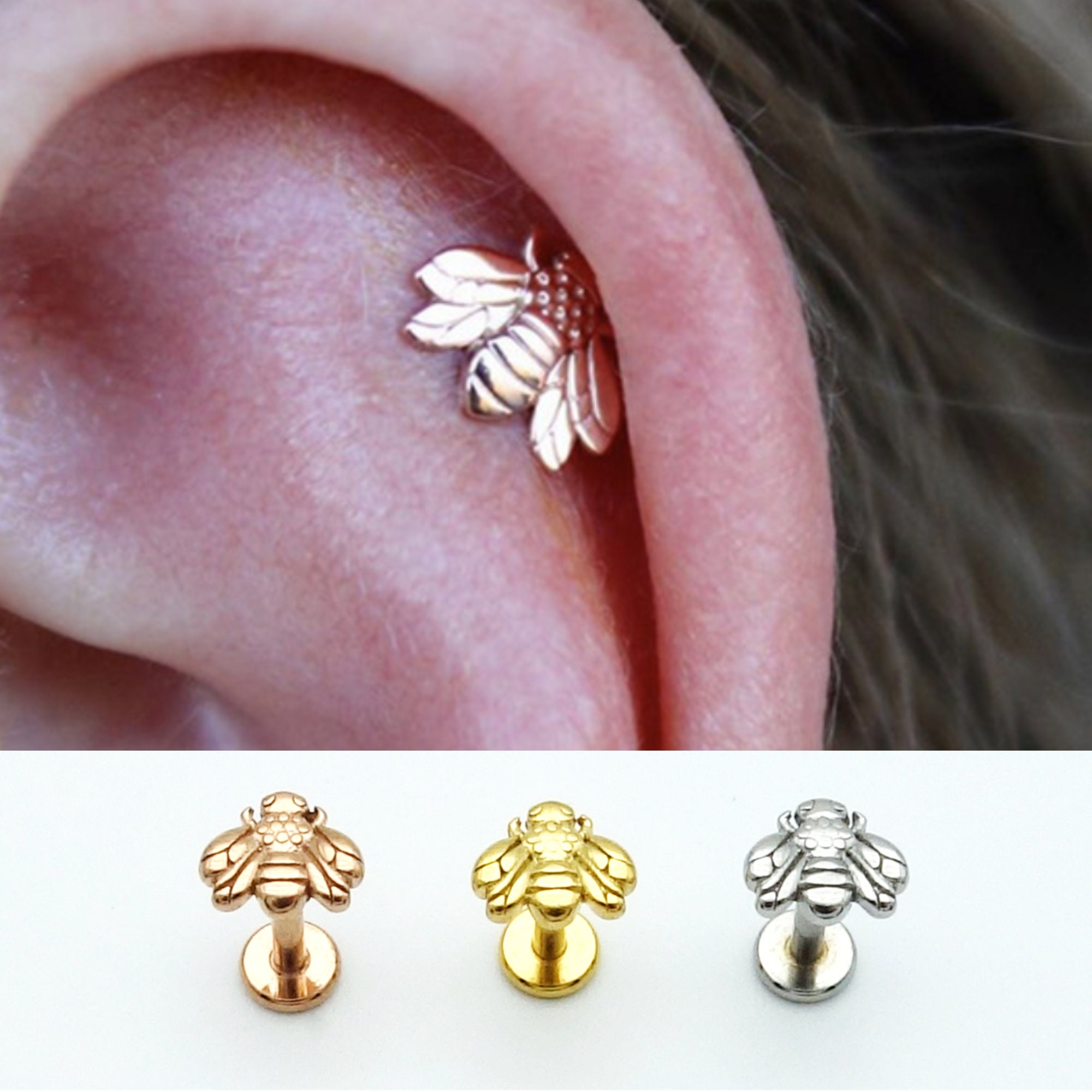 Izpack 16G Top Honeybee Cartilage Stud Earrings Stainless Steel Tiny Bee  Flat Back Screw Lip Tongue Piercing Barbell Labret Studs Cute Jewelry Gifts