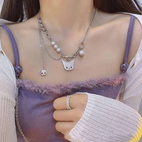 Collier Kawaii perlé mignon| Esthétique alternative| Bijoux gothiques | Cadeau pour les filles| Collier Kuromi| E Fille| Mode Harajuku| Coquette Esthétique