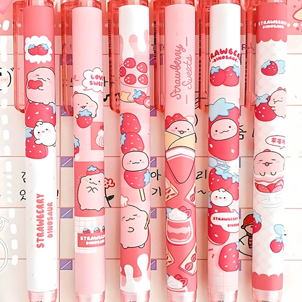 2Pcs Cute Strawberry Pen| Cute Stationery |Kawaii Kitsch |0.5mm black gel ink clicker Kawaii pen | School Supplies Office Stationery Pen duo