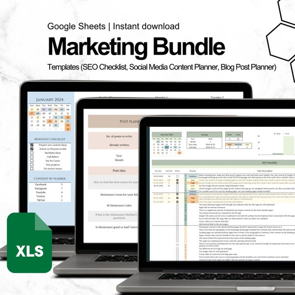 Marketing Bundle for Google Spreadsheets, SEO Ranking, Blog Post Planner and Social Media Content Planner, Three Templates to Download