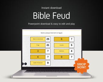 May include: A laptop displays a "Bible Feud" game, a PowerPoint download. The screen shows a quiz about plagues sent on Egypt, with answer boxes and point values. An orange "Shop Now!" sticker is in the corner.