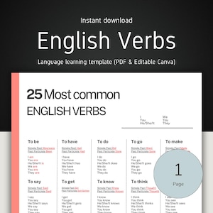 Common English Verbs List | Printable PDF Chart for ESL Students | Educational Grammar Worksheet | English Verb Reference Sheet