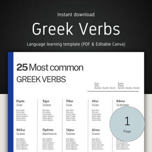 Puede incluir: Una plantilla de aprendizaje de idiomas titulada "Greek Verbs" con el texto "25 Most common GREEK VERBS". El documento es un PDF y editable en Canva. La imagen incluye una lista de verbos griegos con traducciones al inglés.