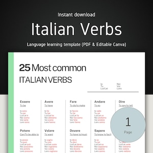 Italian Verb Conjugation Chart: Language Learning Study Guide (PDF Download, A4 Template Canva)