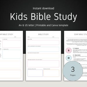 Puede incluir: Descarga digital de "Kids Bible Study" sobre un fondo negro. La imagen muestra tres páginas imprimibles con indicaciones para el estudio de las Escrituras. El texto incluye "A4 & US letter | Printable and Canva template."