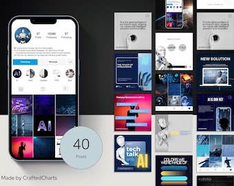 AI & Tech Instagram Templates: Futuristic Social Media Designs (Canva Editable, 40 Posts, Digital)
