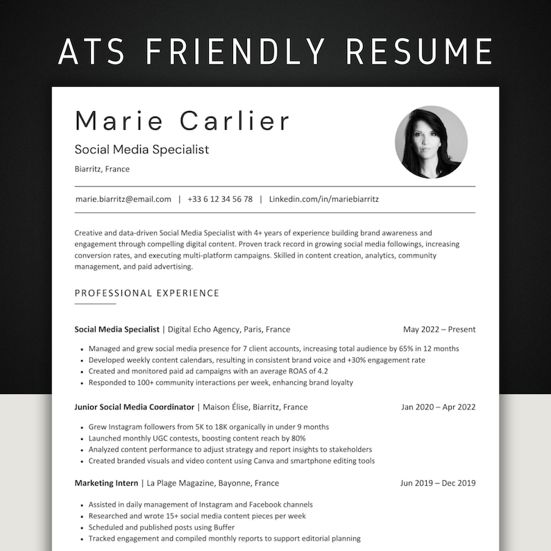 ATS Resume Template Canva Modern Professional CV (downloadable PDF) Etsy