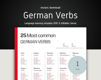 German Verb Conjugation Chart: Beginner German Study Guide (Printable PDF Template A4 Size)